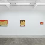 installation of Gina M. Contreras exhibition - white wall with three paintings of nude female figures. From left to right: "Rata De Dos Patas," "Las Babosas," and "Disillusioned Bonds."
