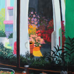 painting of an interior with a variety of food on a wooden table, outside the window there is a white flower van full of various flowers by Nicholas Bono Kennedy