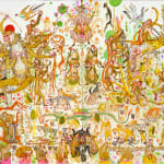 painting by Mu Pan of creatures, animals and human hybrids eating, sleeping, killing, flying and climbing