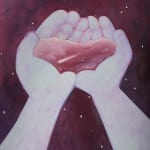 painting by artist genevieve cohn of a pair of light purple-toned hands cupping water against a purple starry sky