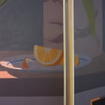 detail of a painting on a wooden room divider by artist Adrian Kay Wong depicting layered composition of an interior setting with two individuals sitting at a table, obscured by a partially opened door and door frame respectively