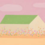 Danym Kwon - painting of a beige house with green roof surrounded by orange and purple flowers. The sky is painted pastel crimson red.