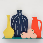 Sculpture of a green shelf holding a yellow vase, a navy vase, an orange jug and a pile of 4 peaches.