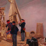 Painting of a studio set with several actors dressed as civil war soldiers surrounding a cardboard puppet