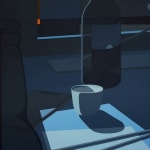 Image of the left canvas in the diptych, titled Exhale. On a table underneath a slightly open window is the neck of a beer bottle, a white sake cup, a bottle of wine and an incense holder.