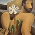 male figure holding a white flower behind his back