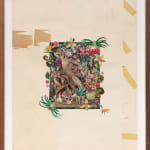 Collage of various plants and florals with statues of men placed in a small square in the center of the paper