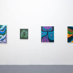 white gallery wall with four colorful paintings by Jocelyn Tsaih