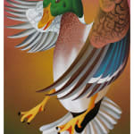 painting of a duck in mid flight