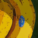 detail of Natalia Juncadella painting of grass, shadows, oranges and bananas