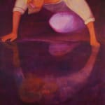 painting by genevieve cohn depicting an orange individual with short yellow hair knelt down and peering into their reflection in a body of water