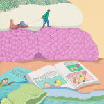 detail photo of a painting of folded laundry with scenes hidden in them