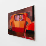 Painting of a studio set with children in a cardboard box with a large opening cut out that they are peering out of, the cardboard is painted bright orange with arms and hands that are in fists. Inside of the box you can see the children and behind them the walls are painted a light purple with a portrait of a man. In the foreground of the painting is a folding chair.