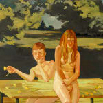 nude girl seated on top of a picnic table next two another nude girl sitting on an accompanying bench