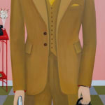 painting of a man wearing a tan three piece suit holding a dark leather bag and a book in his hands by Angela Burson