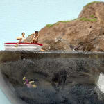 two people on a boat with a floating body beneath the waters surface