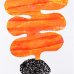 CHIAOZZA - paper collage of lumpy leaves coming out from a black with white spots vase on a cyan and pink stripes round platform