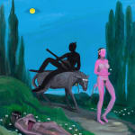Corey K. Lamb - female figure leads horse with shadowed figure riding past body in grass
