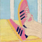 propped up feet wearing pink adidas sneakers