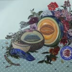 Sabrina Bockler - still life scene of cut open cantelopes with flowers and a blue lobster