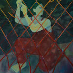 painting by genevieve cohn of a woman with short hair and red patterned overalls constructing a fence-like object utilizing twigs or branches