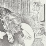 Drawing of a woman looking into a mirror on the ground. In the background are two other women in the woods