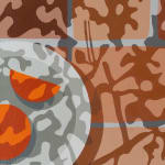 detail of Natalia Juncadella painting of tiled floor with shadows, white plates with oranges