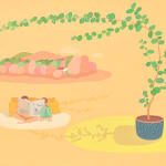 Danym Kwon - Painting of landscape, people, and potted plant with pastel orange. On the left top is the landscape painted in pink and green with a house with red roof. on the center left, teo figure sit side by side reading a book together. On the right of the canvas, a tree in a blue dotted pot on a yellow floor painted in oval.
