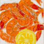 pile of shrimp and a lemon cut in half