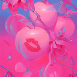Painting of a peach tree, with many luscious light pink peaches hanging off a branch surrounded by translucent butterflies, and the largest peach has a red lipstick kiss mark by Megan Ellen MacDonald
