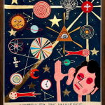 drawing by artist James Eddy depicting a person peering out a universe-related iconography