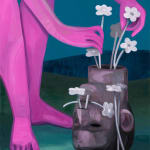 Corey K. Lamb - decapitated head upside down as vase, tended by pink female figure arranging flowers