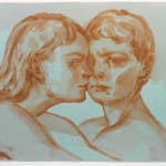 Painting of two women with the faces touching one with short hair facing forward and scrunching her brow, the other facing to the right but eyes are facing straight with long hair