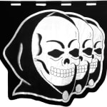 embroidered black and white banner showing three hooded skulls in a row
