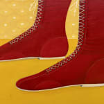 painting of feet wearing red lace up shoes on a yellow background