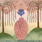 muted watercolor of a single flower in a vase in an outdoor landscape