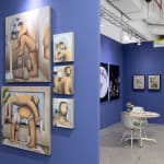installation view of Hashimoto Contemporary booth at future fair featuring paintings on dark blue walls