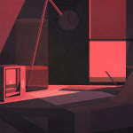 Still life painting of a desk with a small digital camera on top of it that is on and capturing the window the sun setting on it. There is also a cup with a straw on the table next to it and a piece of paper and an incense holder with an almost burned down incense. There is a hand touching the ledge of the desk. There are two windows with the curtains slightly lifted, letting in some faint light into the room. There is a clock on the wall between the windows.
