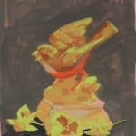 painting of a bird figuring over yellow cut flowers