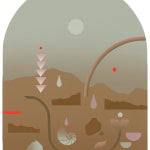 Madeleine Tonzi - Painting of brown and teal shade landscape with floating sea shell, flower, rocks, water drops and abstract shapes floating.