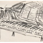 Drawing of a black piano with sheet music on hotel stationery