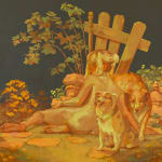 painting of a nude girl sitting on the ground next a stone wall and two dogs
