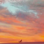Landscape painting of a sunset with a figure being pulled with a plow by a donkey