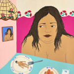 naked woman sitting at table with plate with small man in front of her