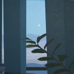 painting by artist Adrian Kay Wong depicting a blue-toned still life of a curtained window, a leafy stem, and a soft sky with a tiny moon and grey and purple clouds