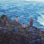 Pat Perry - painting of expansive waterfall and small figures at edge of shore along misty waterfall