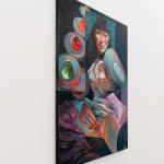 Painting of a woman's breast being held and a third hand holding her genitals. There are jello in the background