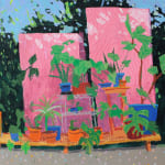 painting of a shelf full of plants in front of a large bush by Nicholas Bono Kennedy