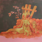 painting of a nude girl sitting on the ground next a stone wall and two dogs