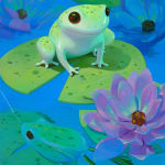 Painting of a pond filled with frogs, lily pads, and lilies by Megan Ellen MacDonald